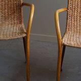 Set of 4 vintage Italian wicker and birch armchairs, mid-century modern, 1950.