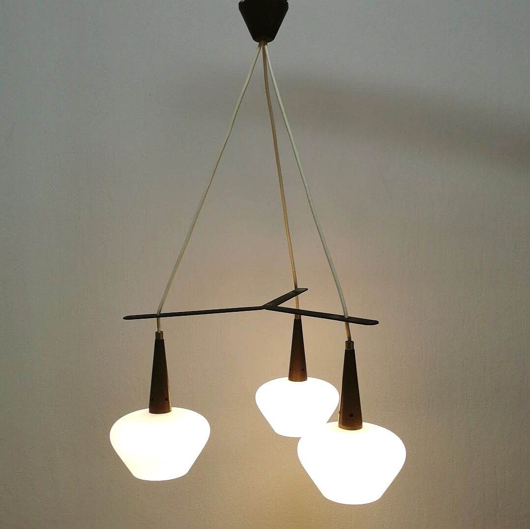 Scandinavian metal and opaline glass pendant lamp, 1950