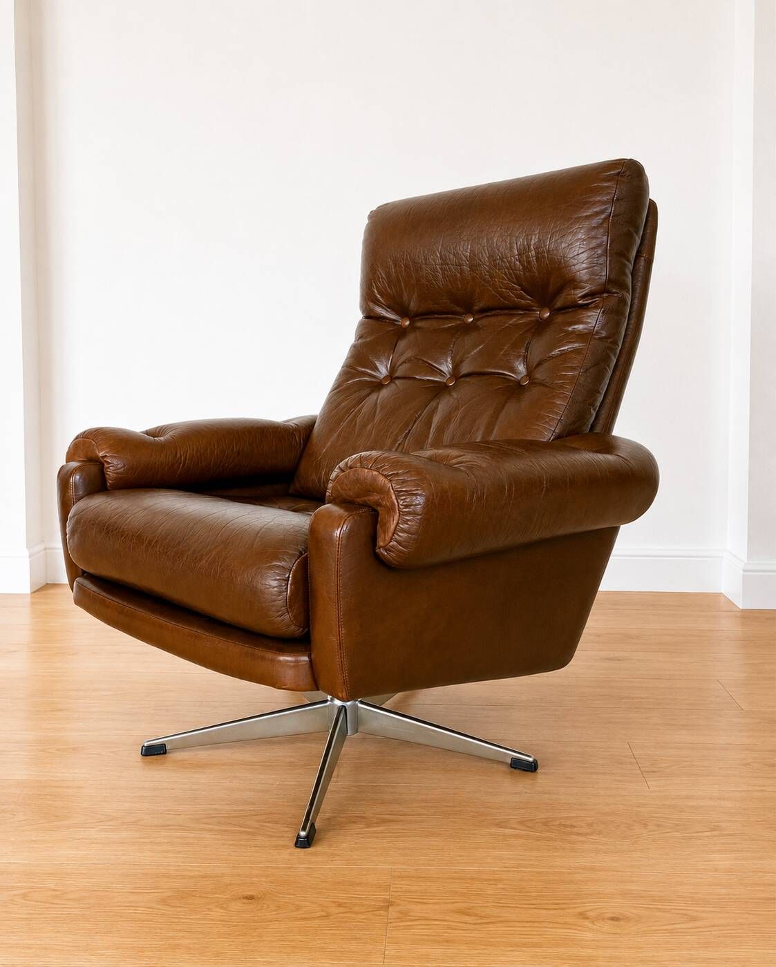 Vintage Danish mid-century brown leather swivel chair 1970s
