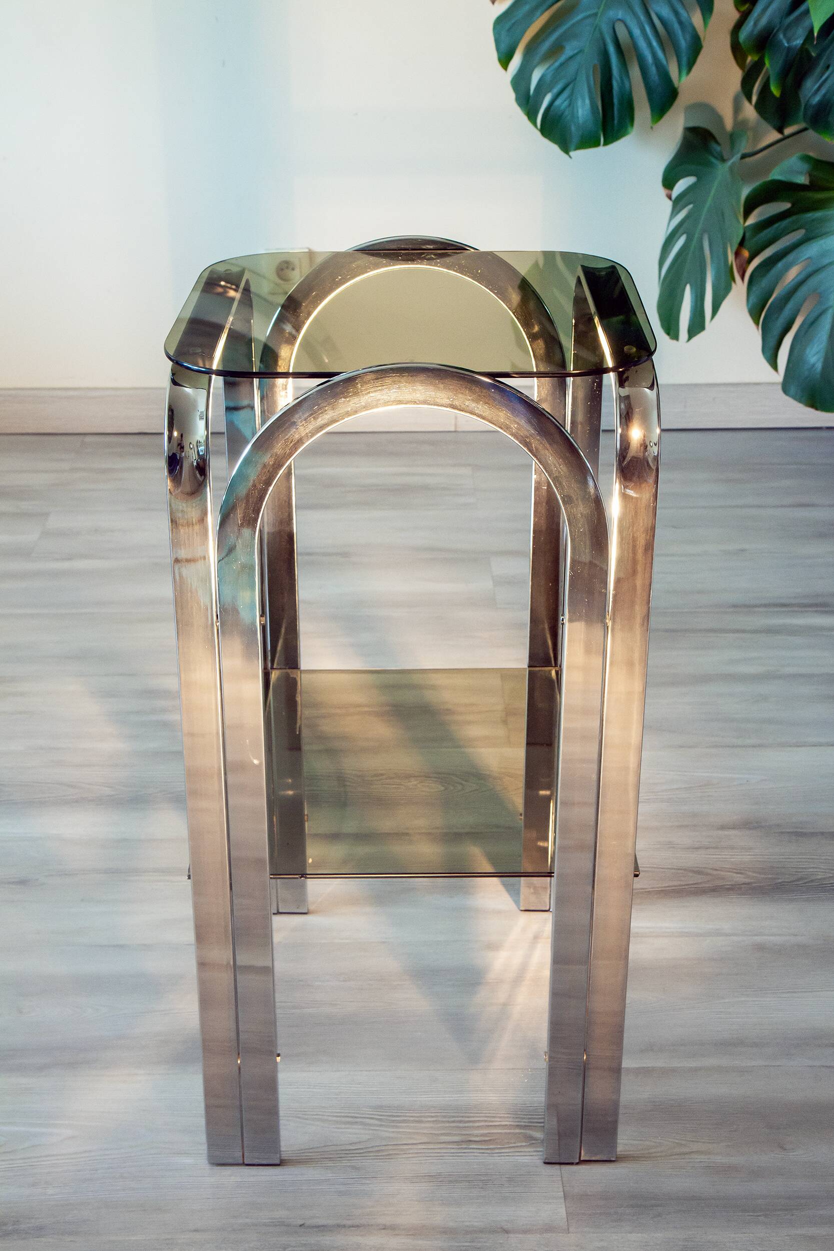 1970 chrome and smoked glass side table