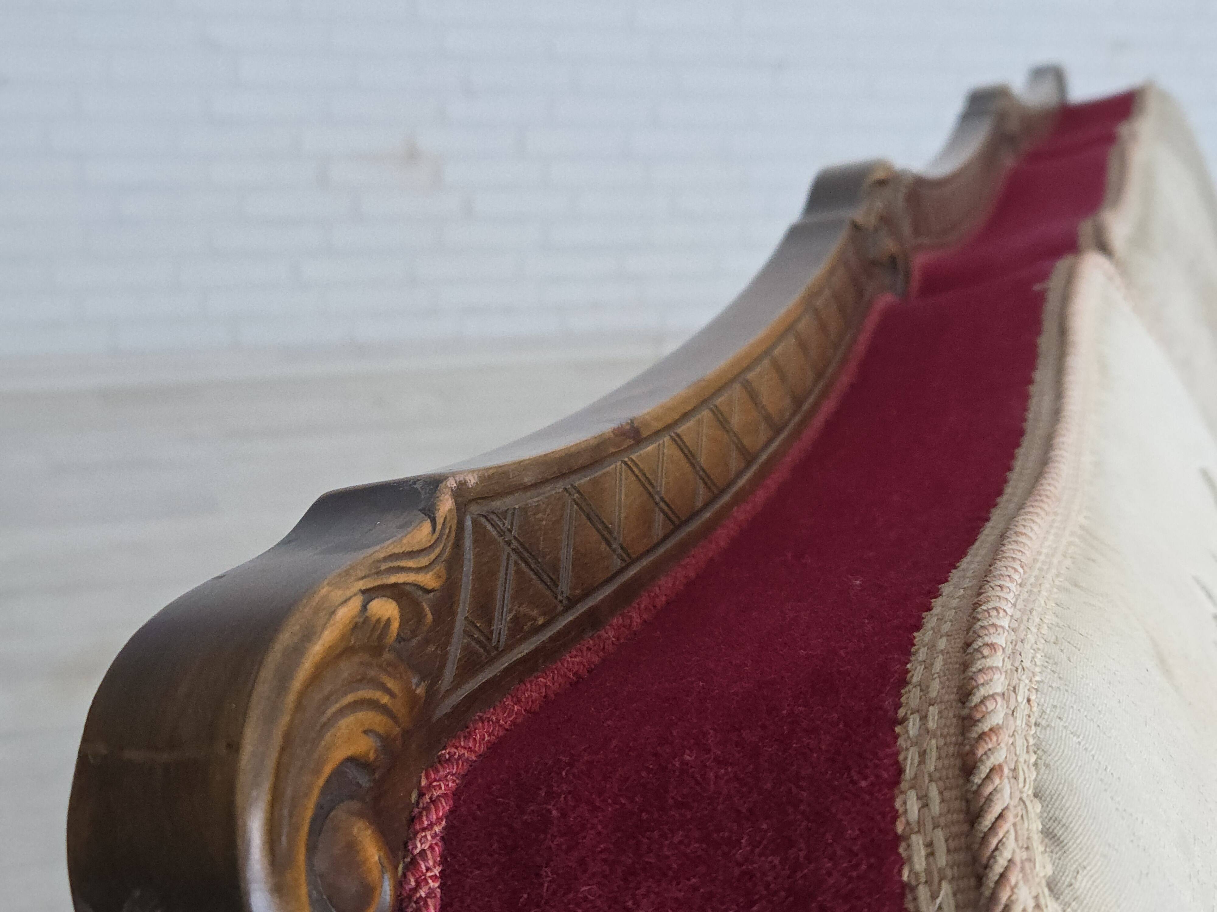 1930s, Danish 3-seater sofa, red furniture velour, furniture mesh.