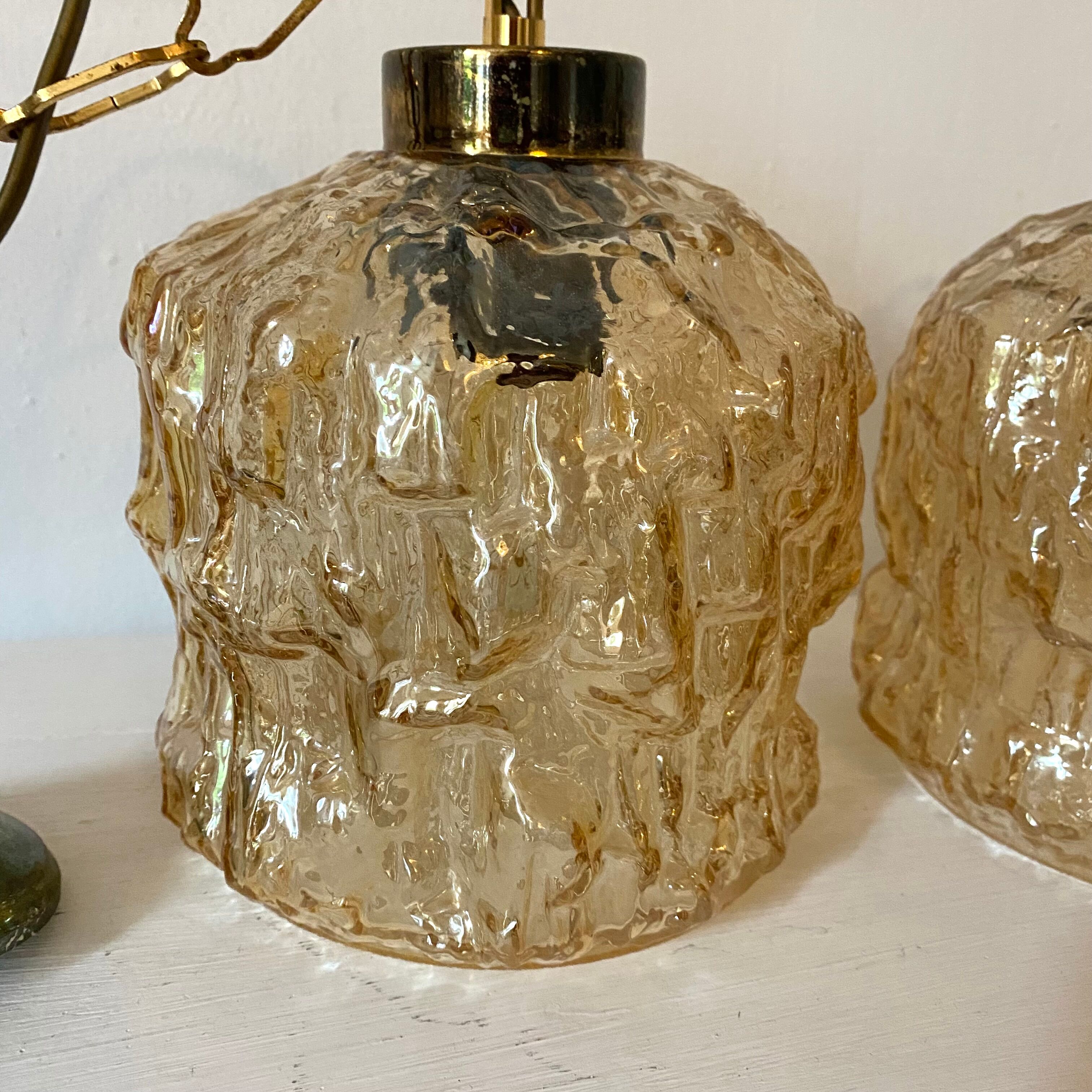 Pair of vintage amber glass pendant lamps