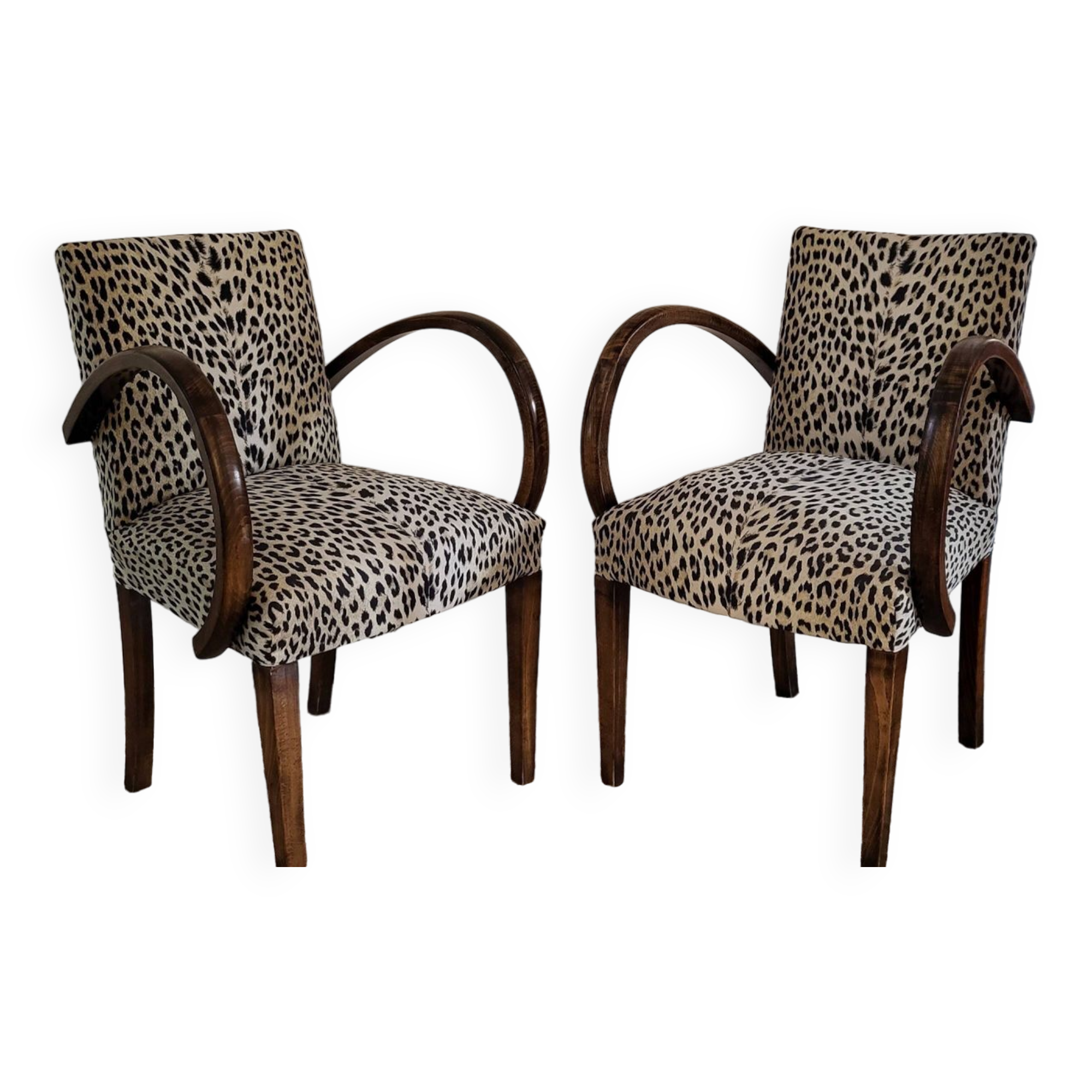pair of Bridge armchairs, leopard fabric