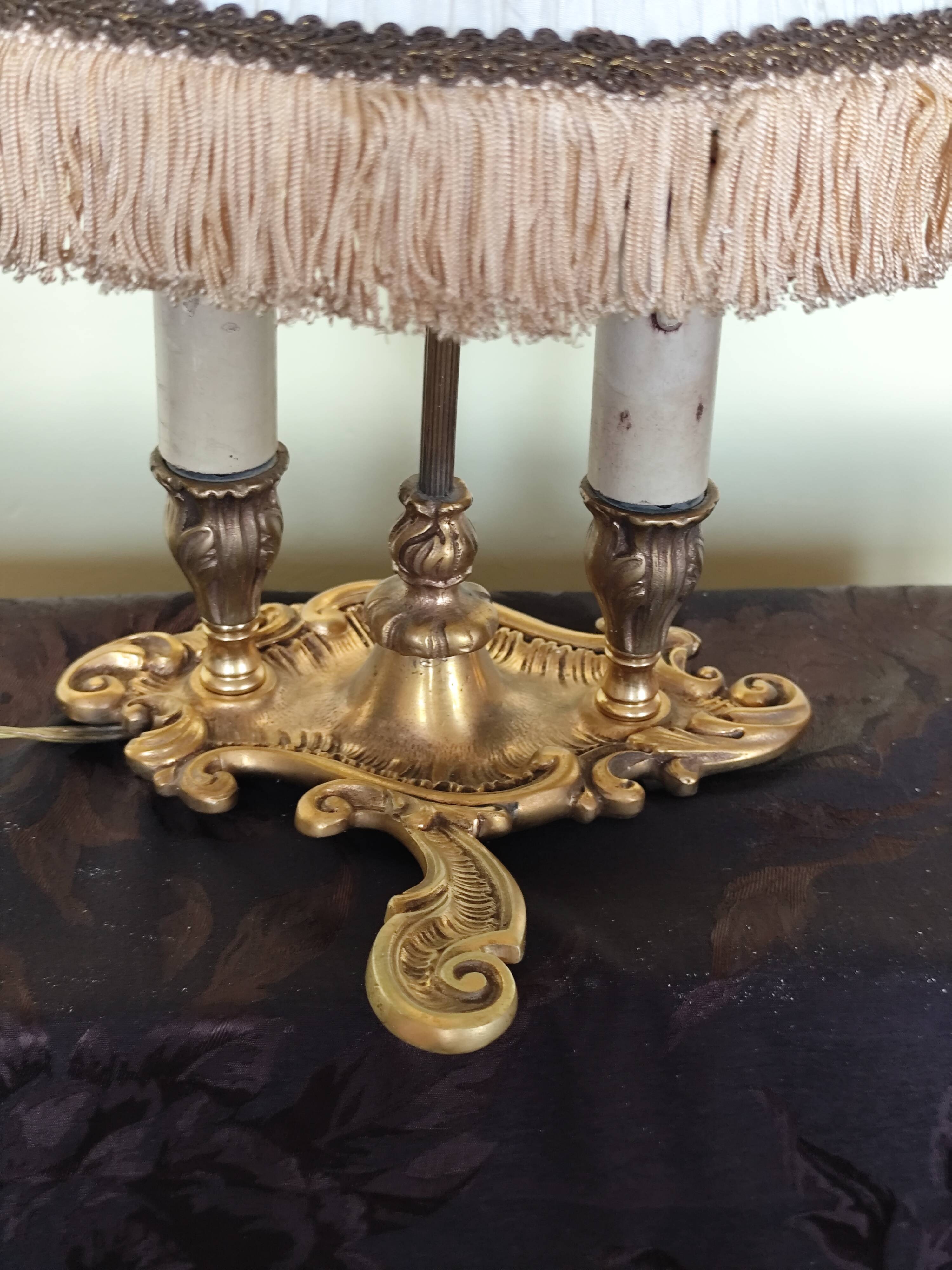 bronze bouillotte lamp with 2 lights and fabric shade