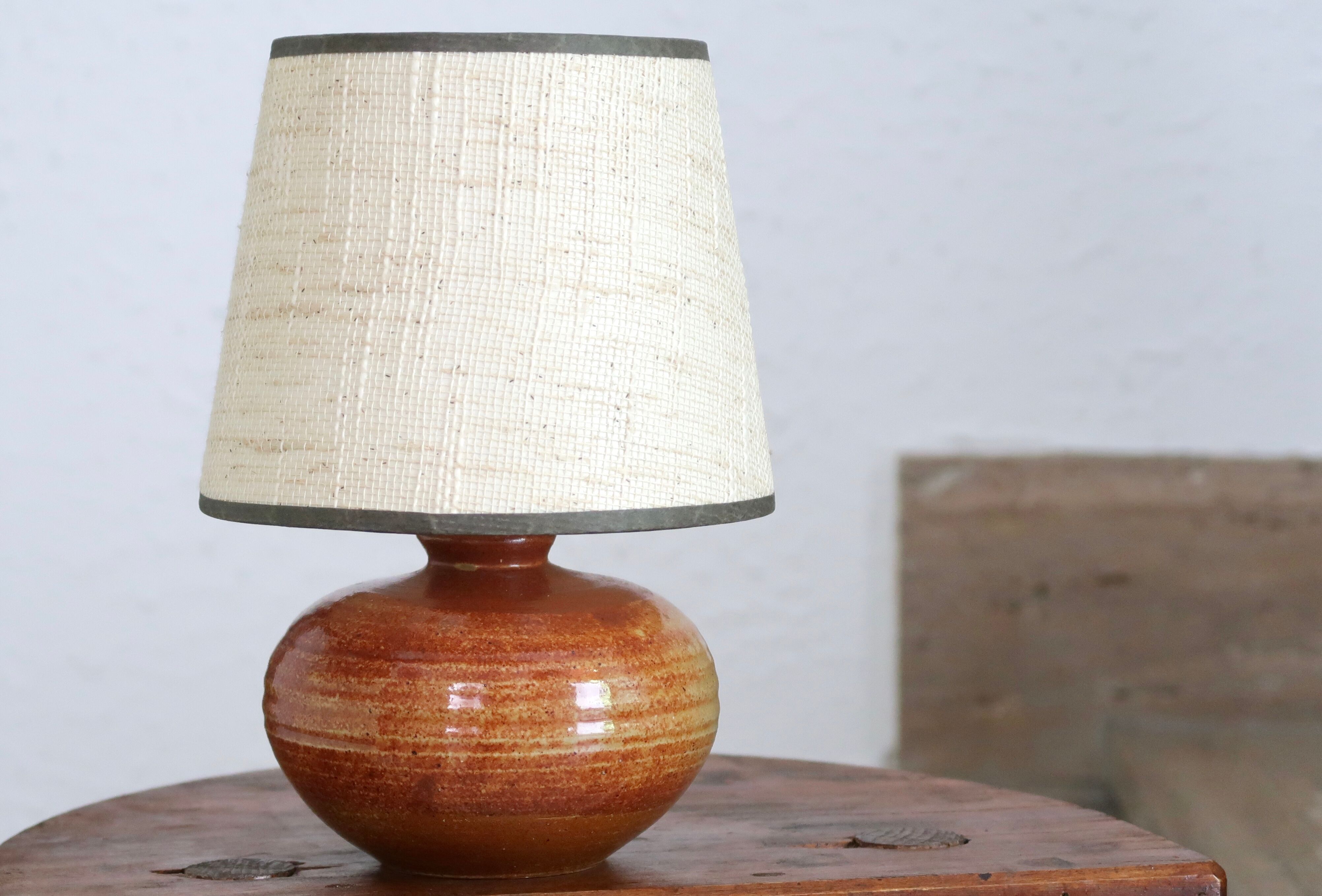 Signed sandstone lamp, beige lampshade, 70s