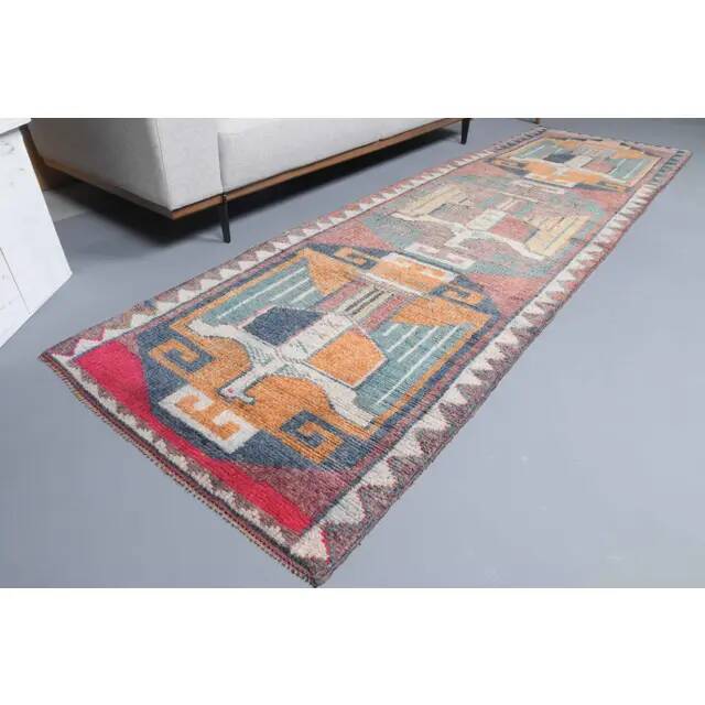 Vintage Turkish Oushak Handmade Wool Cotton Pink Runner Rug 97x323