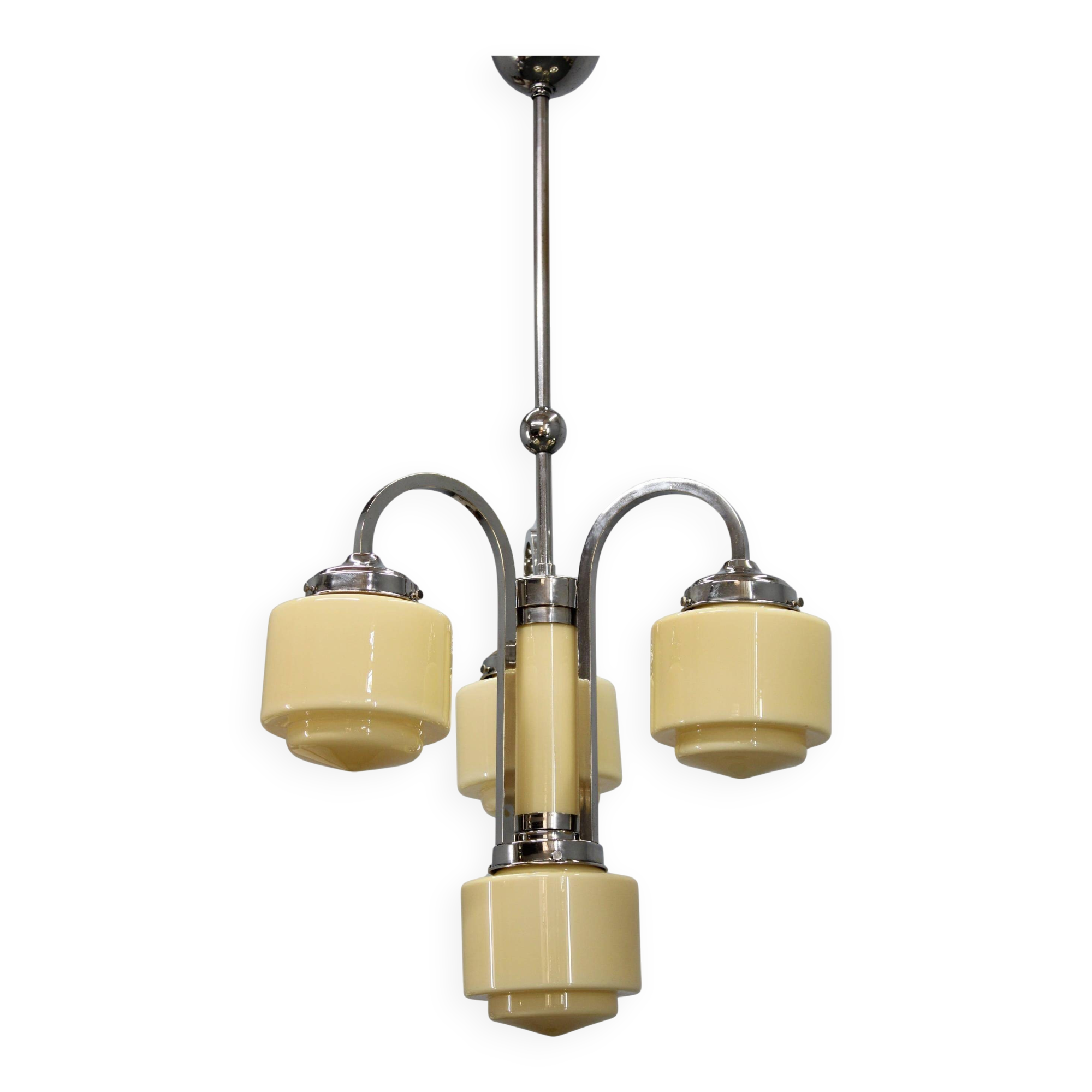 Art Deco nickel chandelier with cream glass cylinders, Czechoslovakia, 1930s