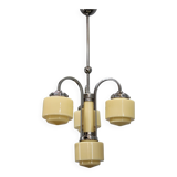 Art Deco nickel chandelier with cream glass cylinders, Czechoslovakia, 1930s