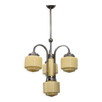 Art Deco nickel chandelier with cream glass cylinders, Czechoslovakia, 1930s