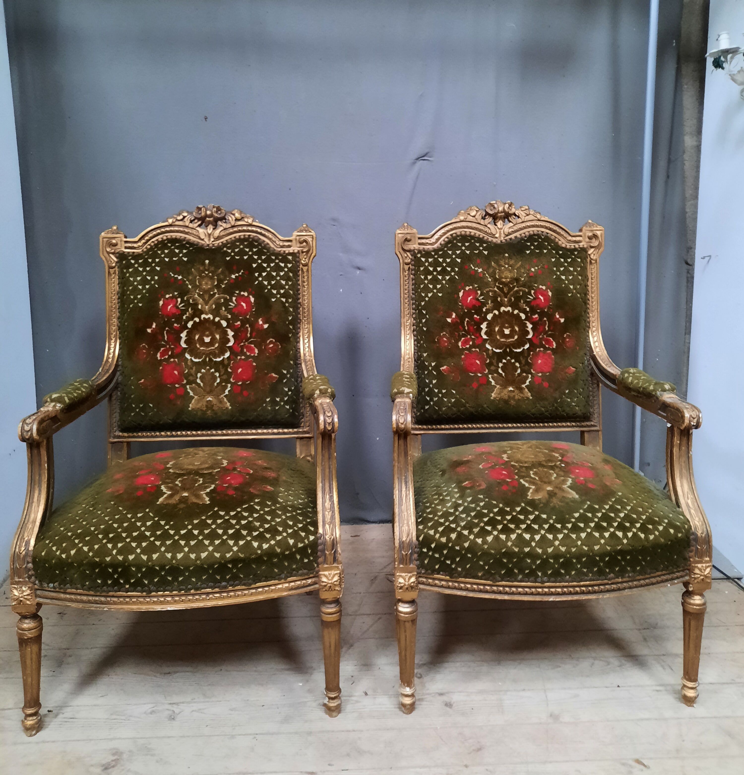 Pair of armchairs in gilded wood Louis XVI style
