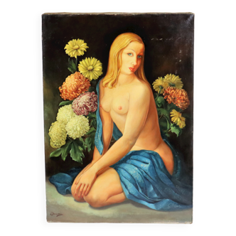 Tableau ancien femme nue agenouillée l'exposition de st trond 1907 huile sur toile 93x65cm