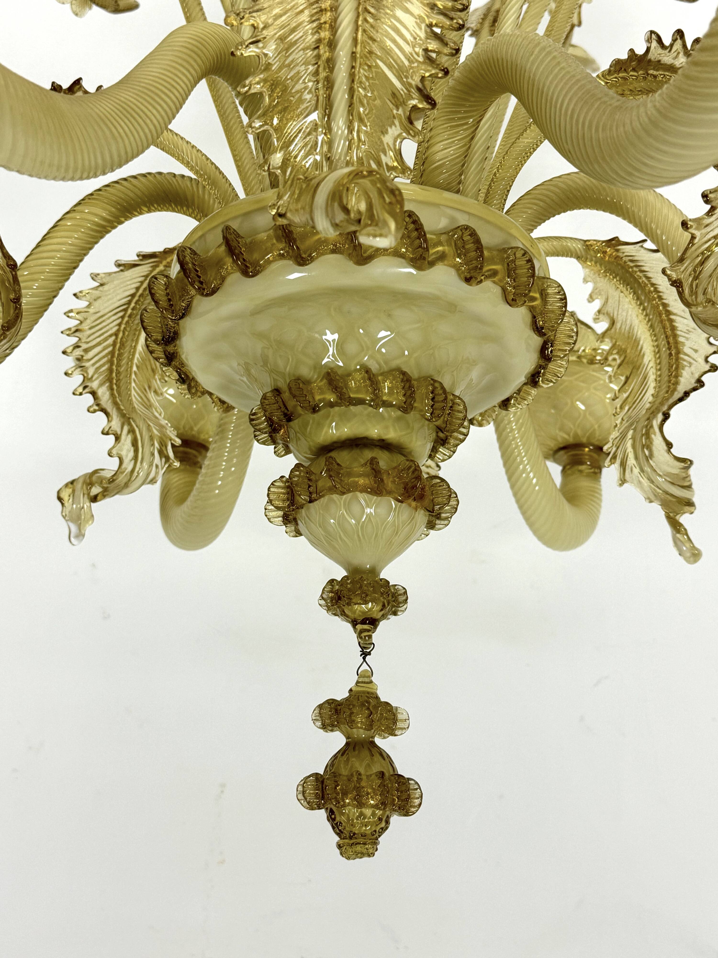 Vintage 6 arms handcrafted floral Murano glass chandelier with gold. Italy 1950s