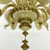Vintage 6 arms handcrafted floral Murano glass chandelier with gold. Italy 1950s