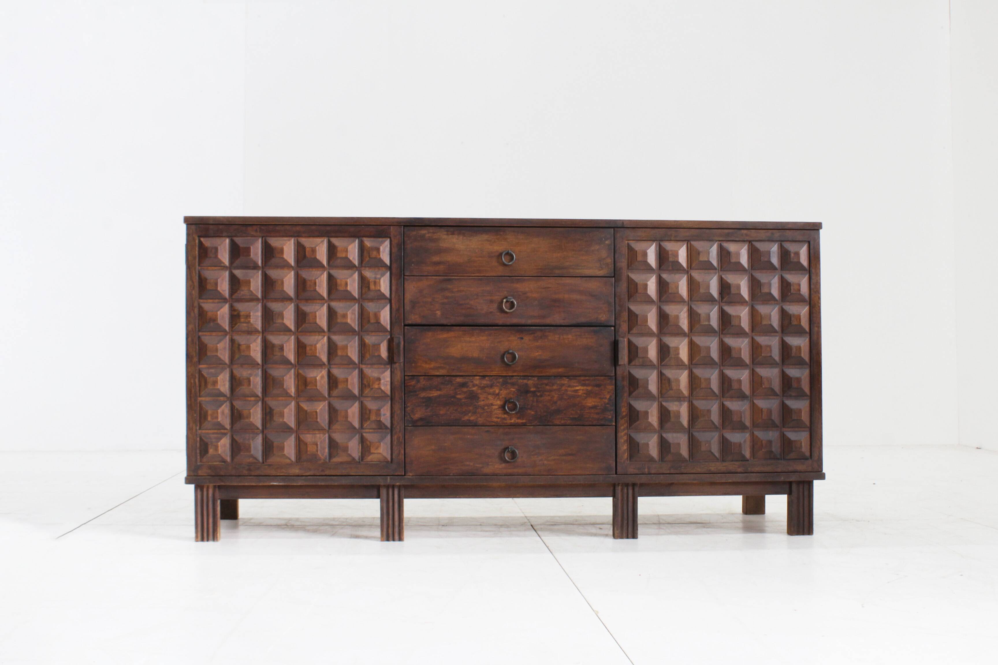 Brutalist Spanish carved sideboard credenza