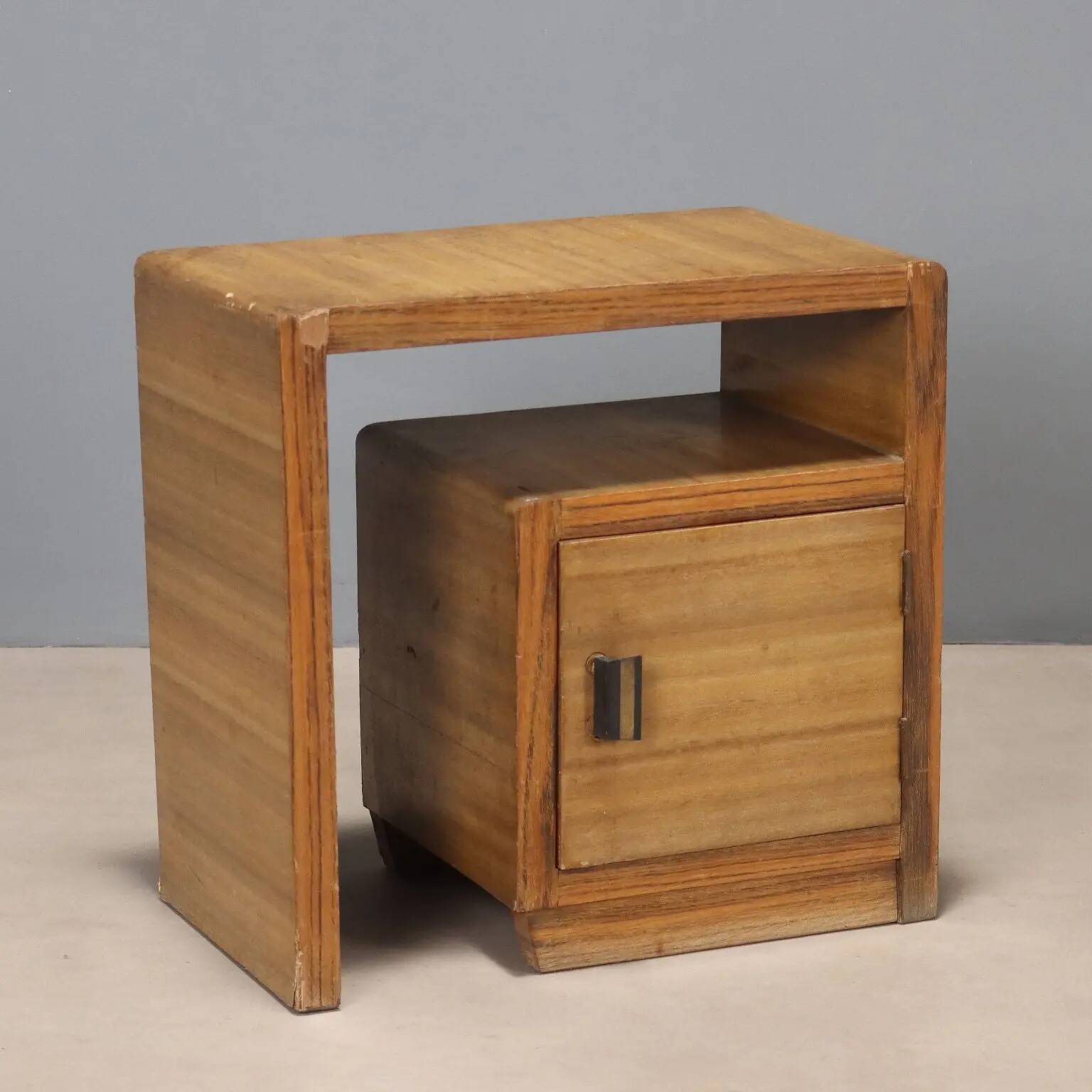Vintage bedside table in exotic wood veneer, 1930s-1940s design.