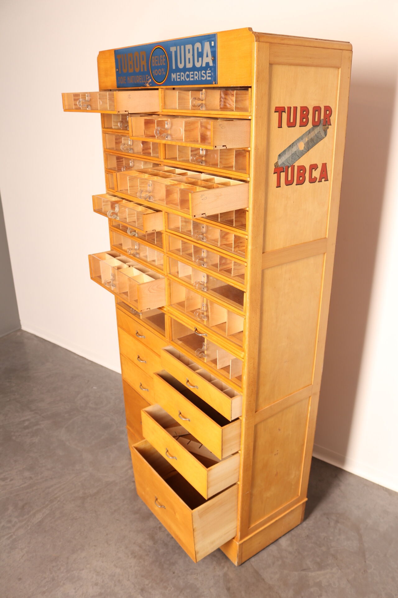 Xl vintage haberdashery 'tubor tubca' by poreye & fils - belgium - 1950's