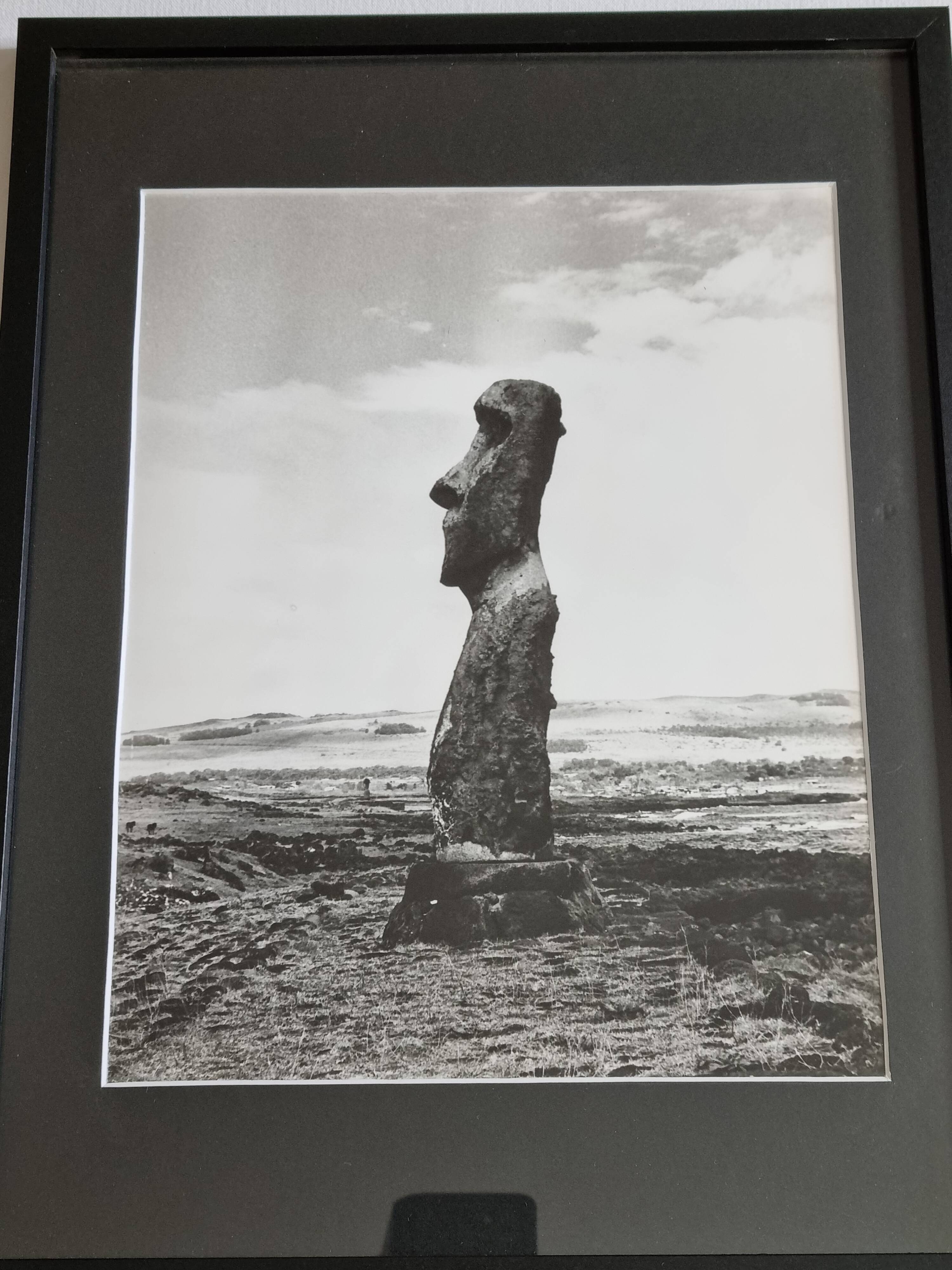 Vintage framed silver print, Moai of Easter Island, ethnological mission from 1970