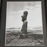 Vintage framed silver print, Moai of Easter Island, ethnological mission from 1970