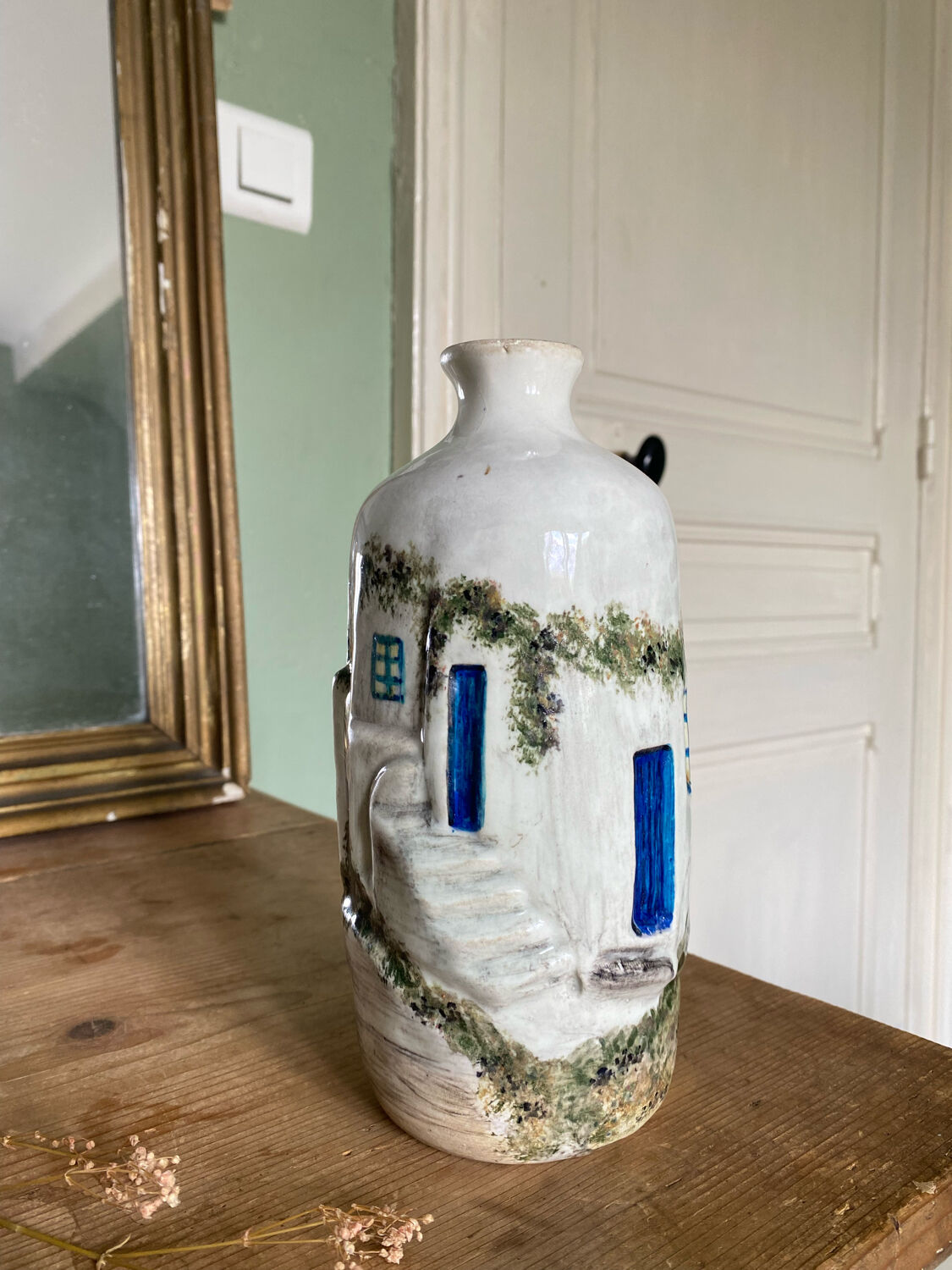 Handcrafted ceramic vase village scene Crete 70s