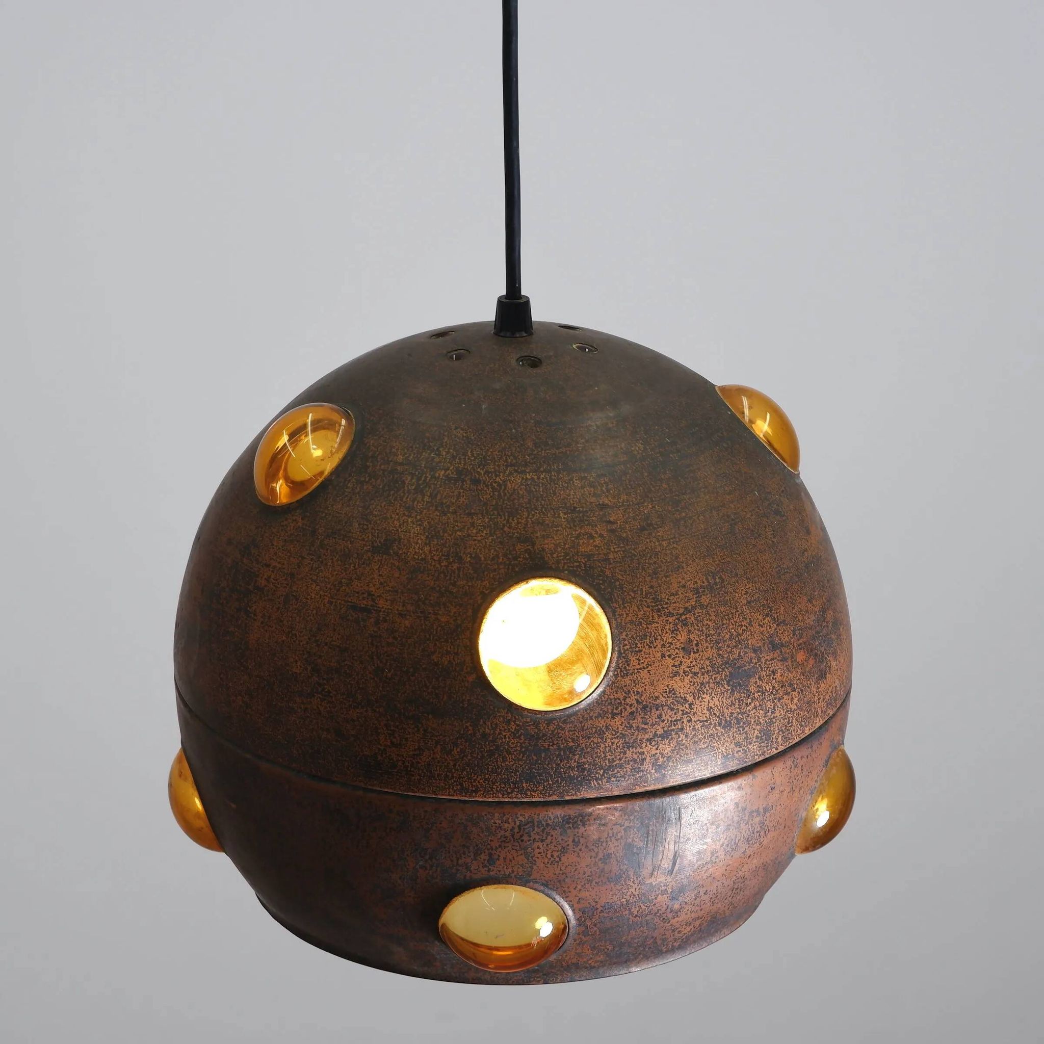 Large, globular brutalist hanging lamp in copper / glass by Peill & Putzler