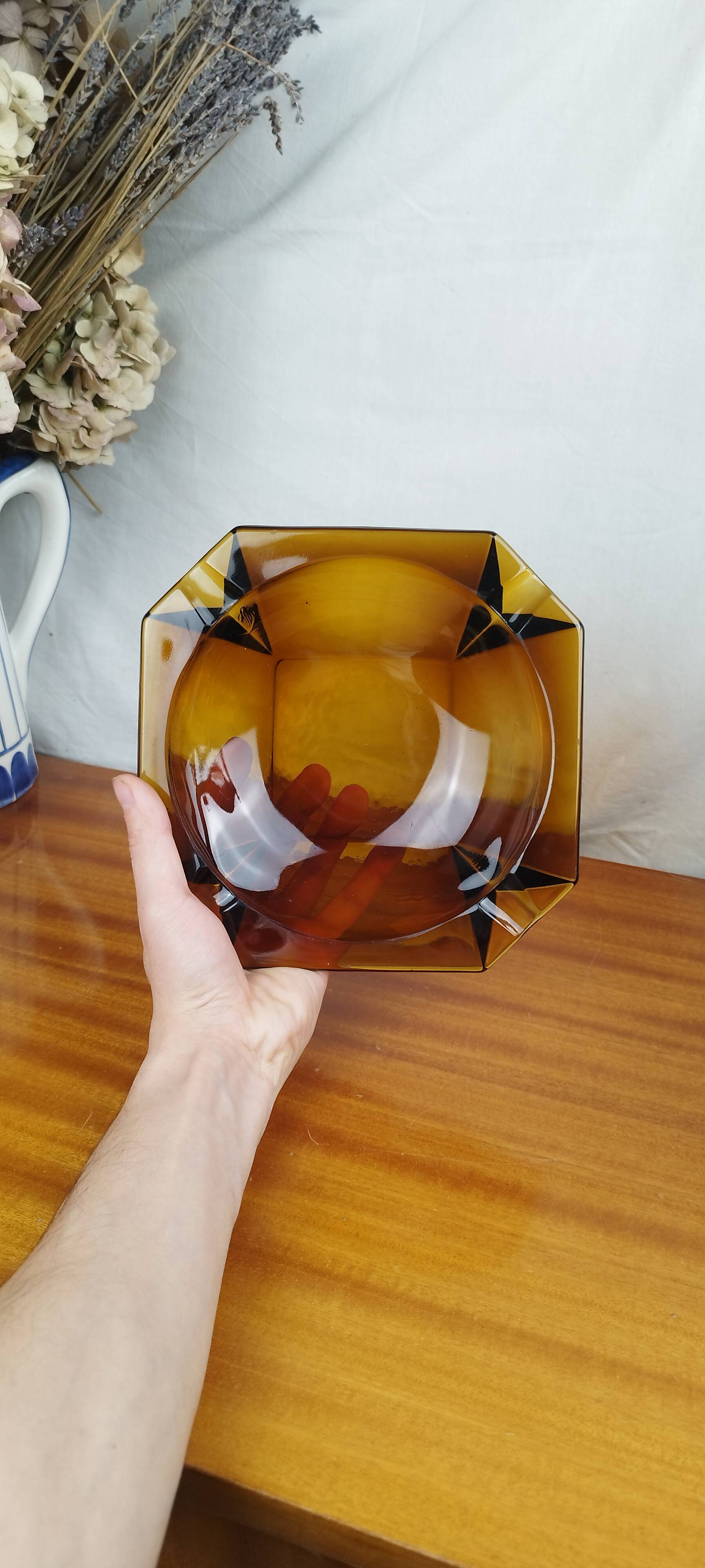 Large Geometric Amber Yellow Glass Ashtray Vintage Art Deco Style