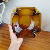 Large Geometric Amber Yellow Glass Ashtray Vintage Art Deco Style