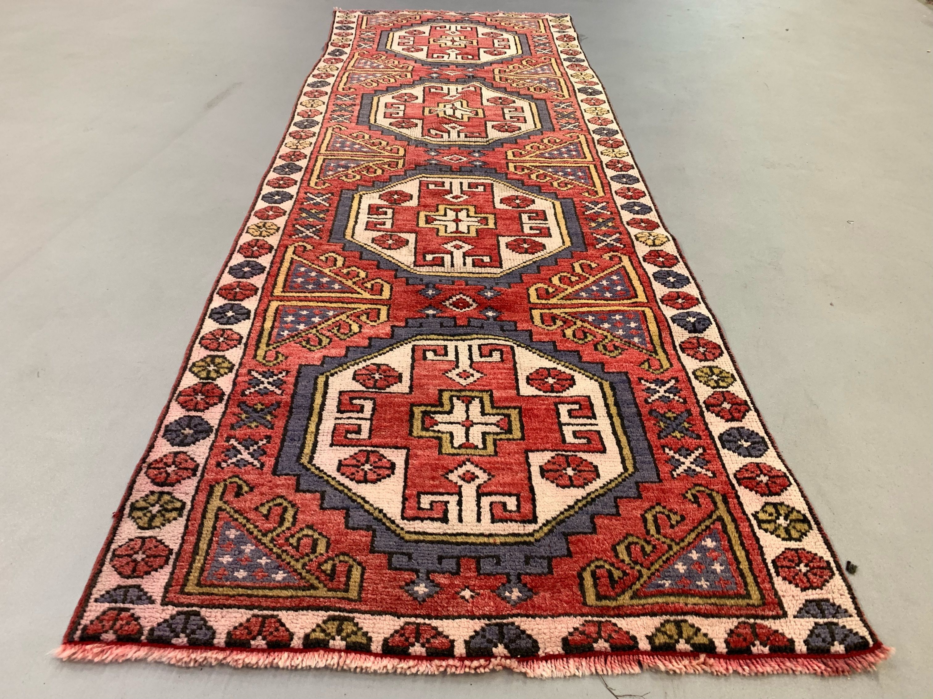 Vintage turkish runner 235x80 cm kazak rug, terracotta red, beige blue