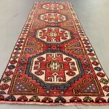 Vintage turkish runner 235x80 cm kazak rug, terracotta red, beige blue