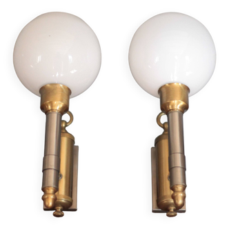Pair of brass and white opaline wall lights, vintage wall light
