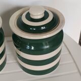Pair of collector's English Cornishware pots with green stripes from the 1960s.