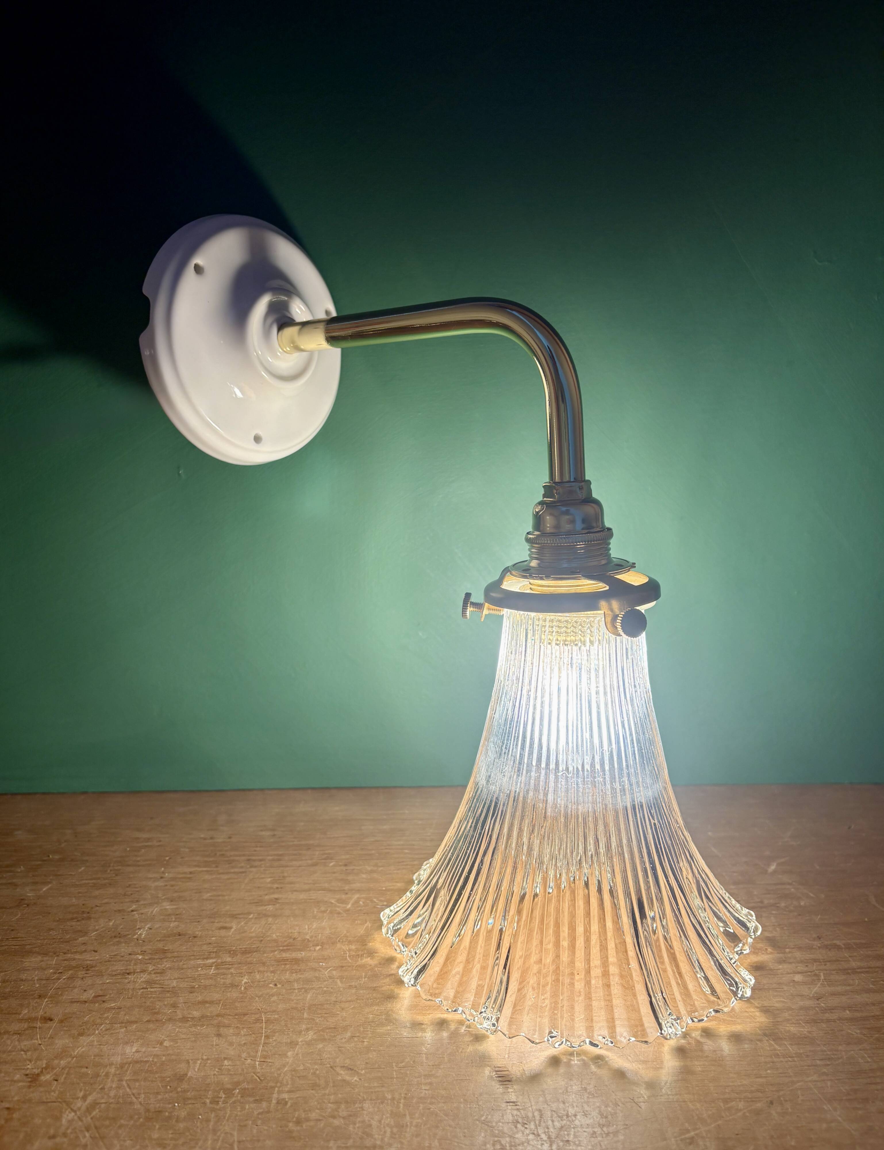 Vintage tulip angled wall light in holophane glass
