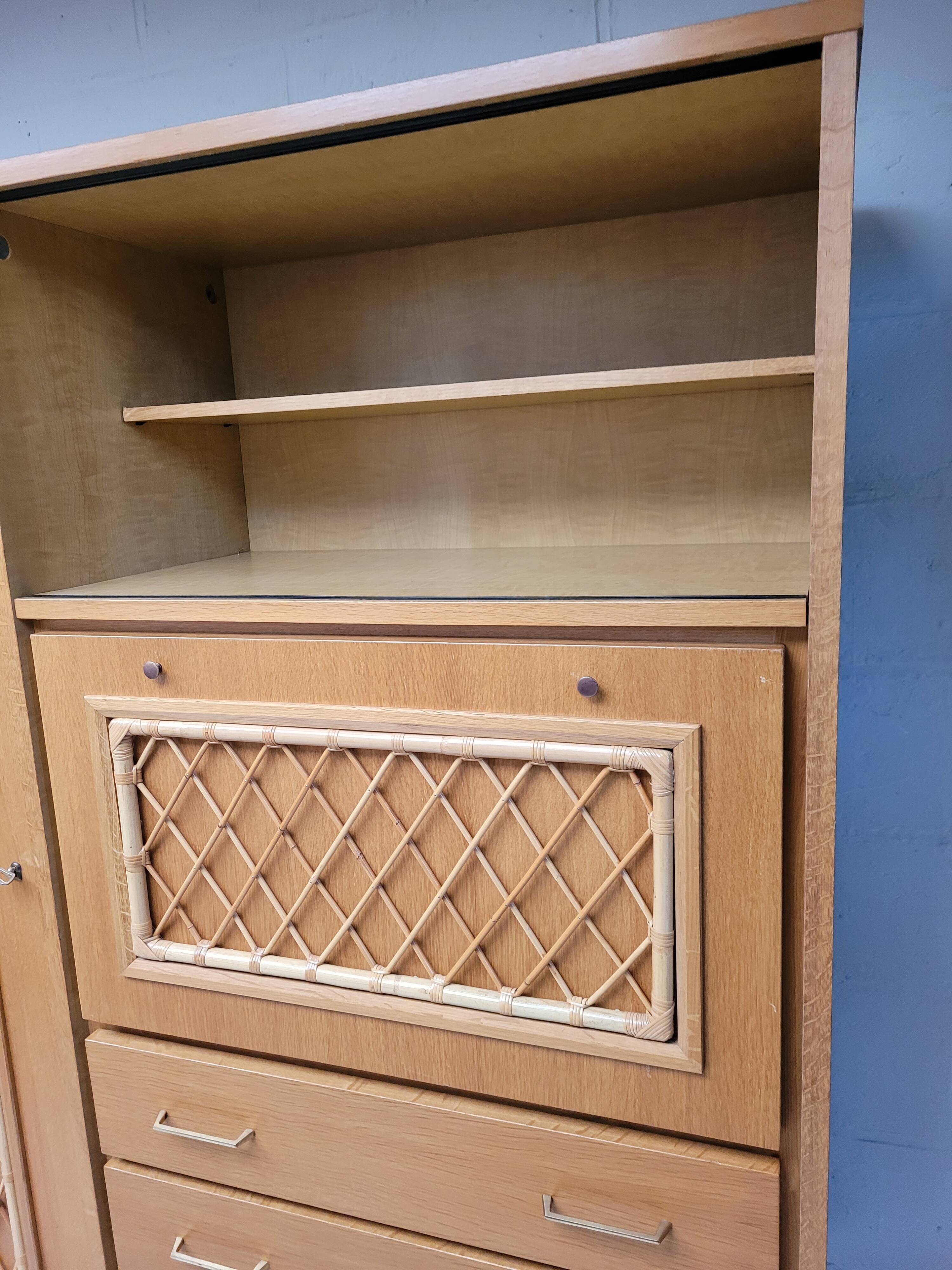 Wooden and rattan chest of drawers, 1960s