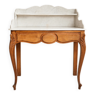 Coiffeuse ancienne en chêne sculpté, marbre blanc – Style Art Nouveau