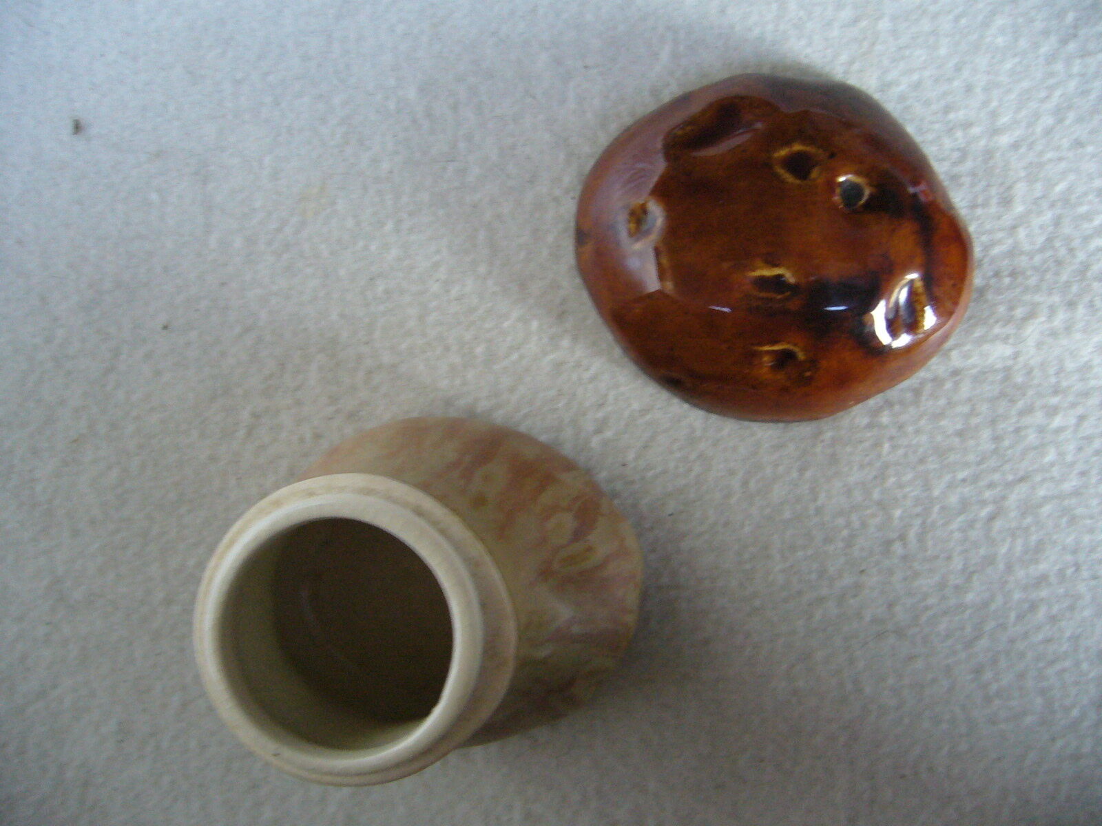 Signed ceramic mustard pot in the shape of a cep