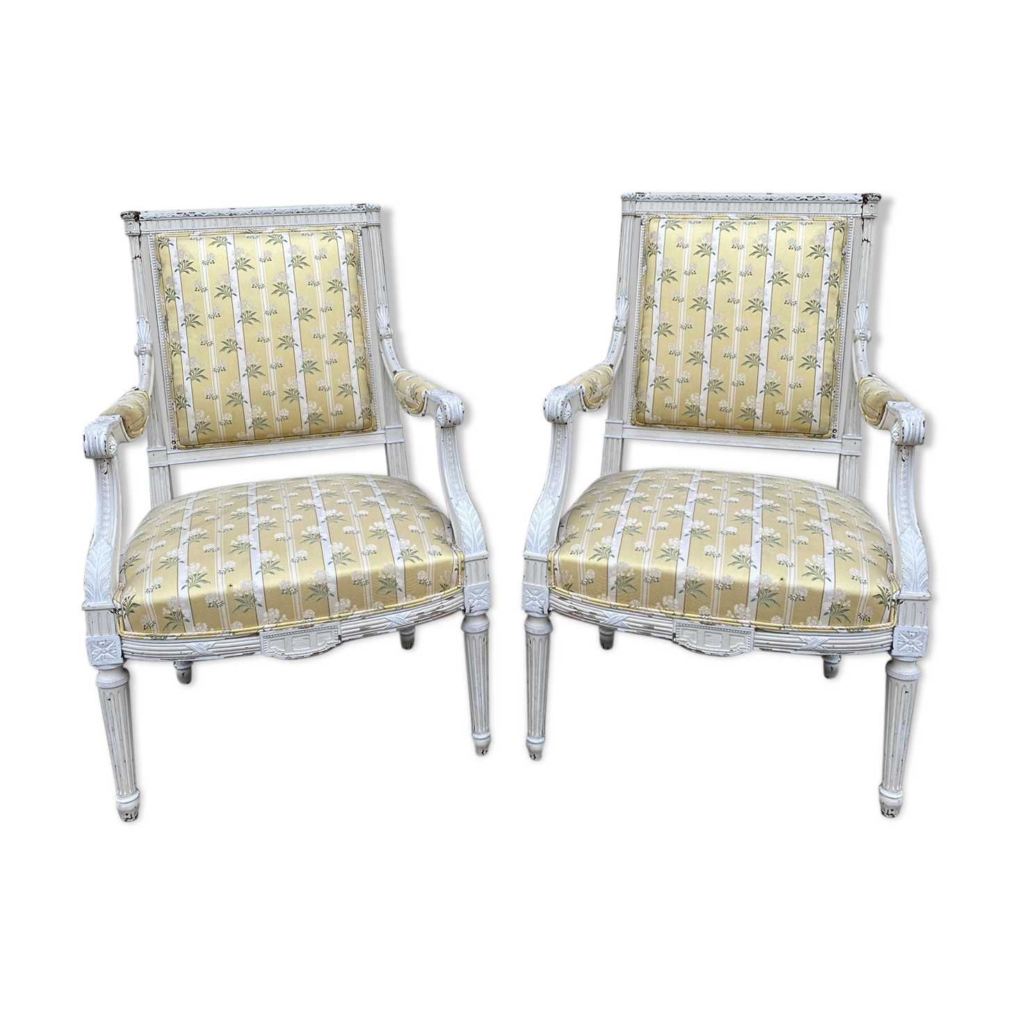 Pair of chairs shepherdesses Louis XVI patinated wood