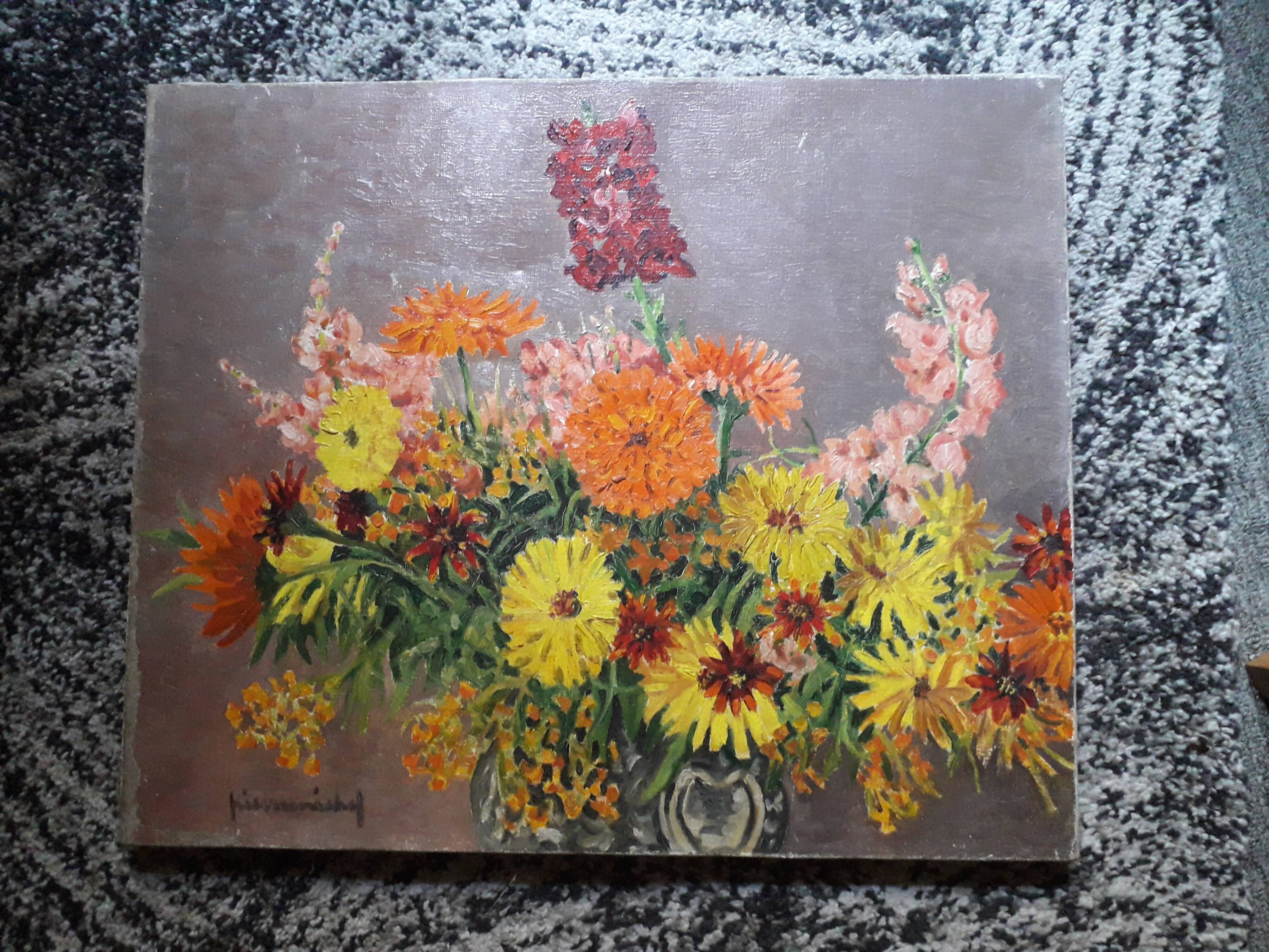 An old oil painting depicting a bouquet of flowers.