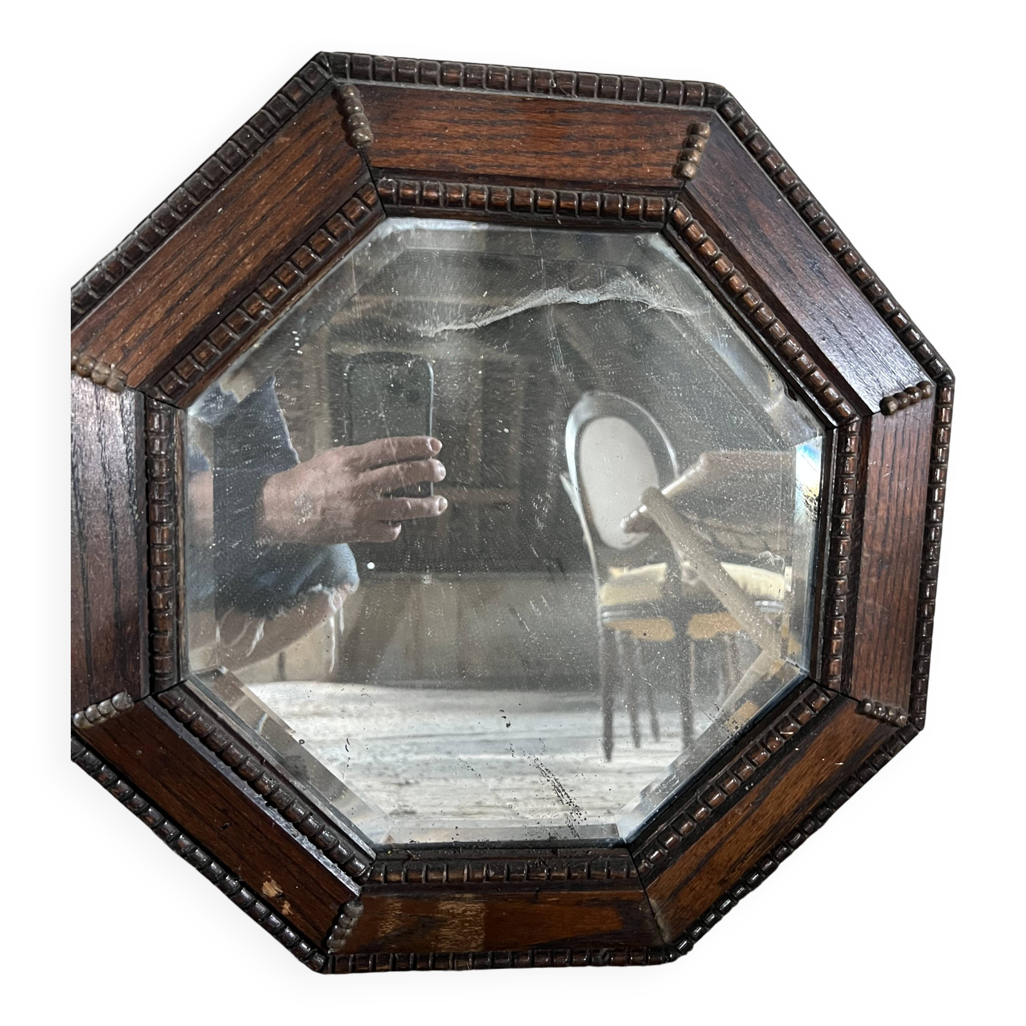 Antique octagonal mirror in dark wood – pearl decoration