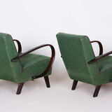 Paire de fauteuils en hêtre art deco tchèque vert, Jindrich Halabala, UP Zavody, années 1930