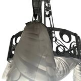 Art Deco, 4-light chandelier, wrought iron, pressed glass, Dugué Negra, circa 1930.