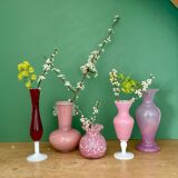 Set of 5 antique vases/soliflores in opaline and pink and red glass.