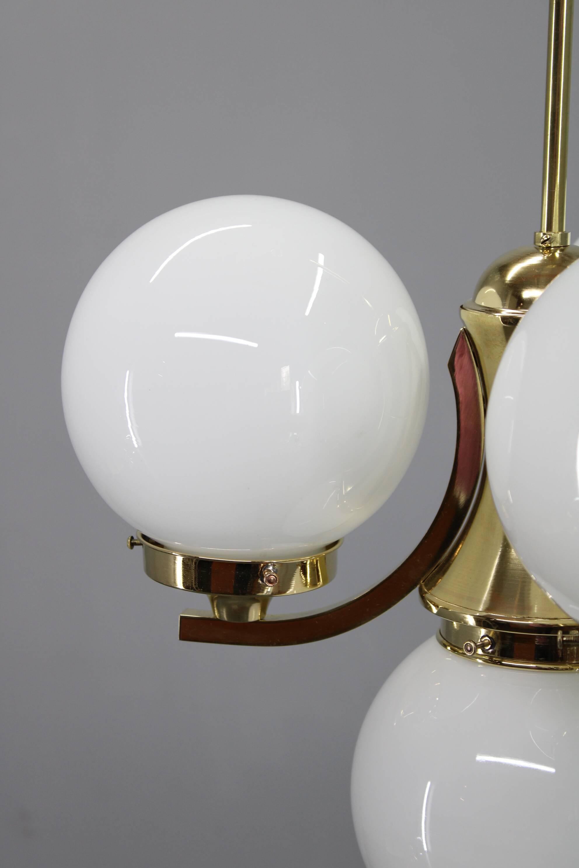 Art Deco brass chandelier with opaline glass, Czechoslovakia, 1930s