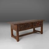 Table console espagnole ancienne en bois de chêne, avec 2 grands tiroirs du 18ème siècle.