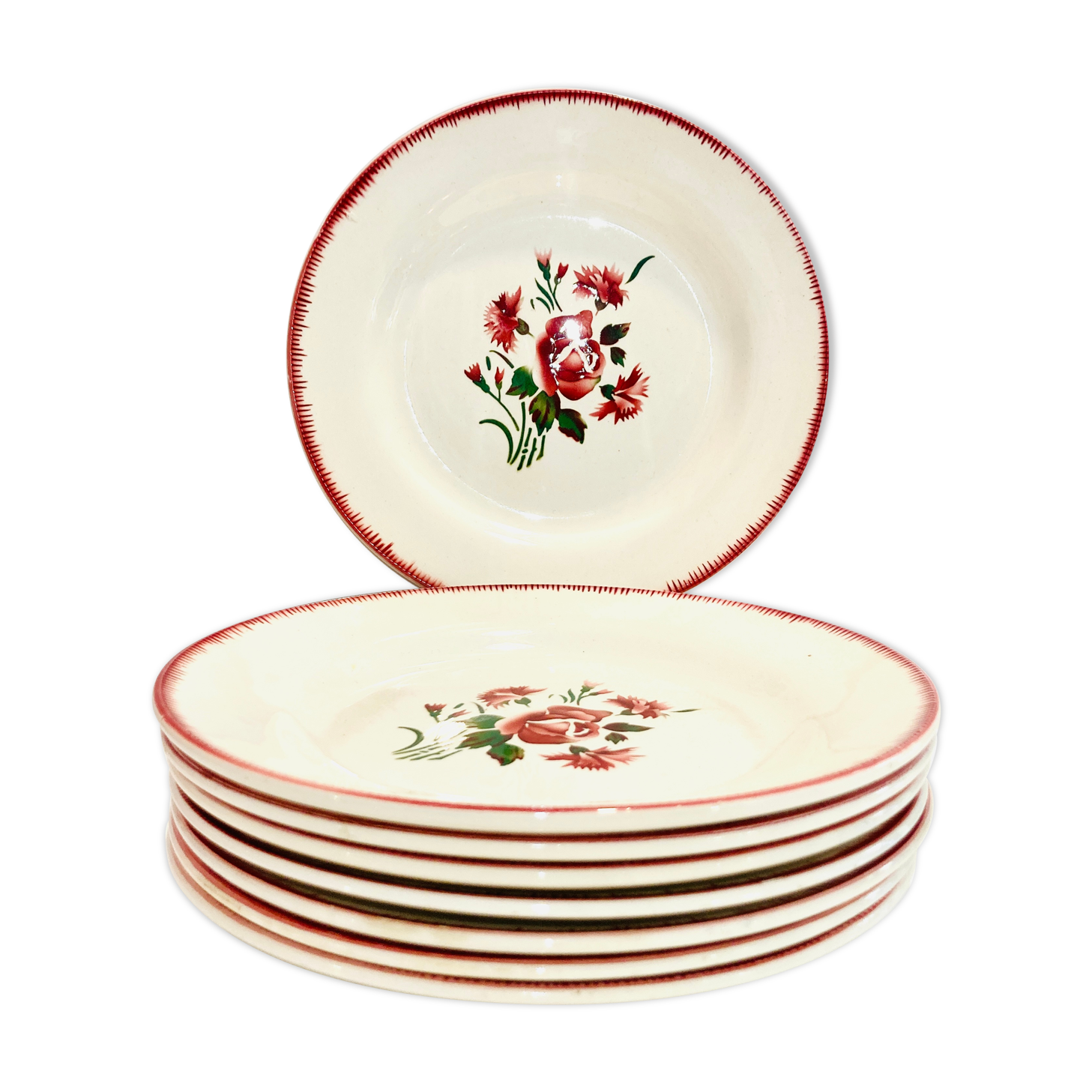 8 plates faience bordeaux-collection bouquet fleuri - digoin sarreguemines -retro-cuisine-vintage