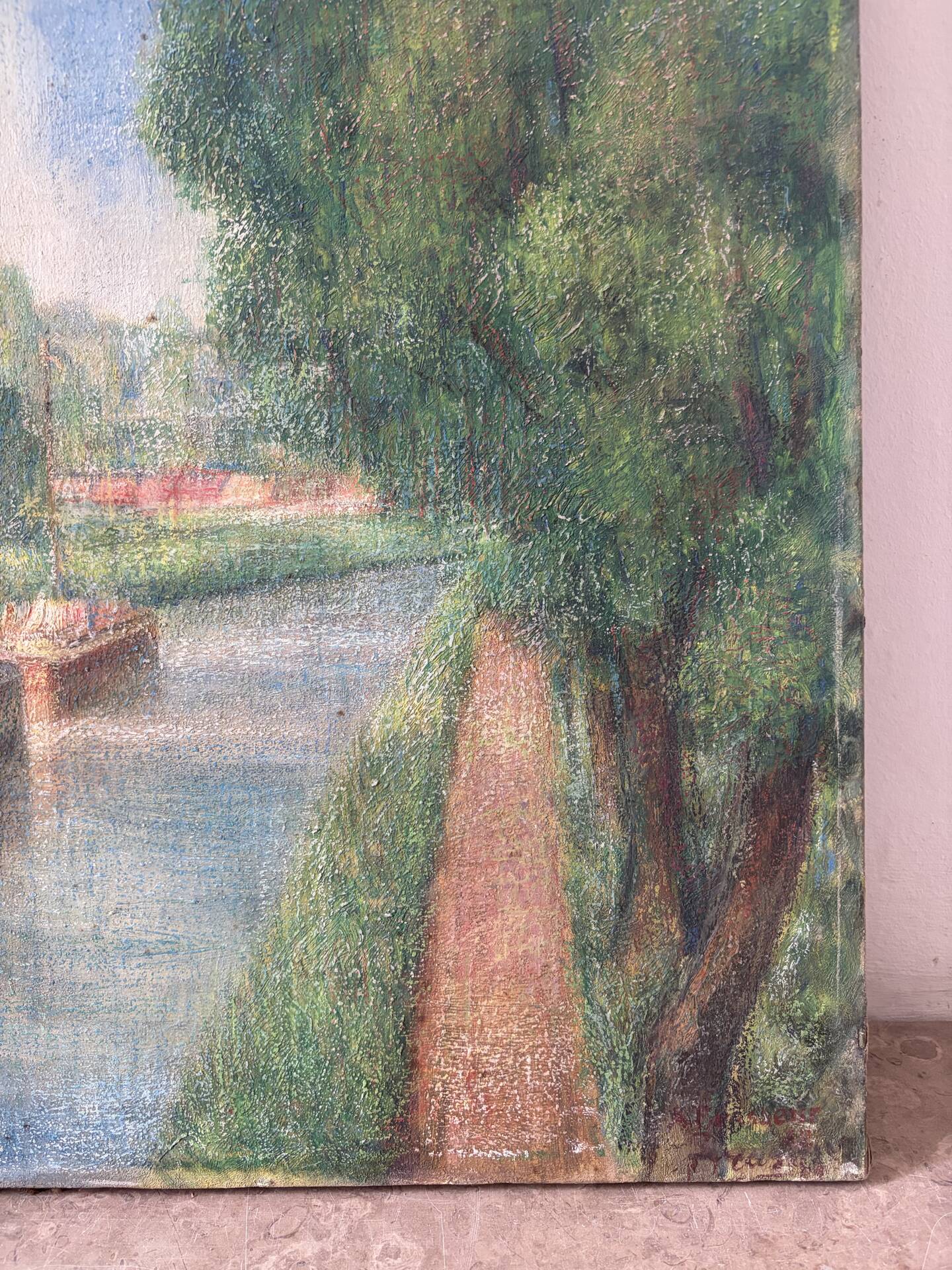 Canal stroll, oil on canvas signed