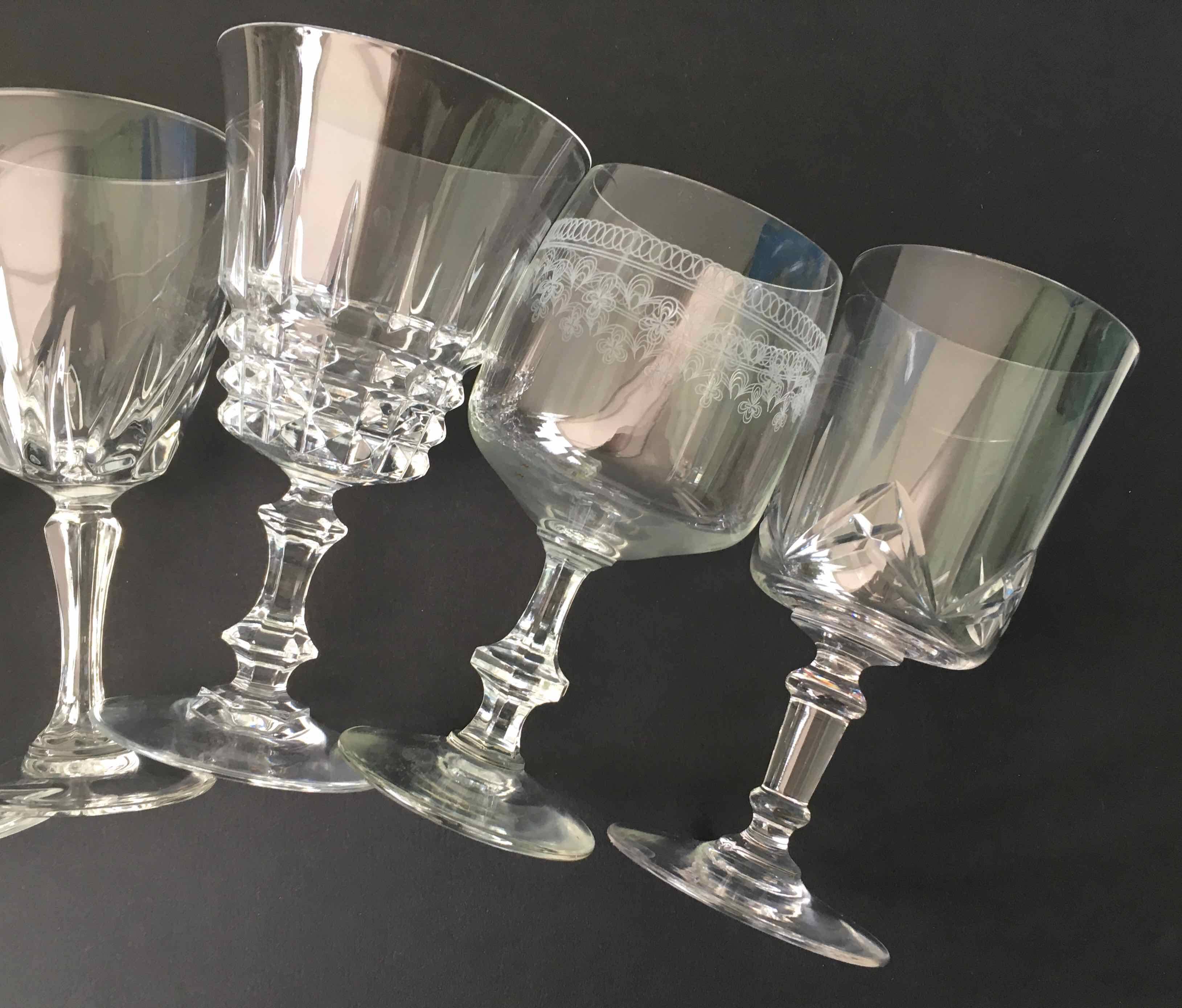 6 assorted crystal wine glasses
