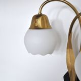 Applique murale scandinave organique à deux bras, laiton et opaline, années 1940-1950