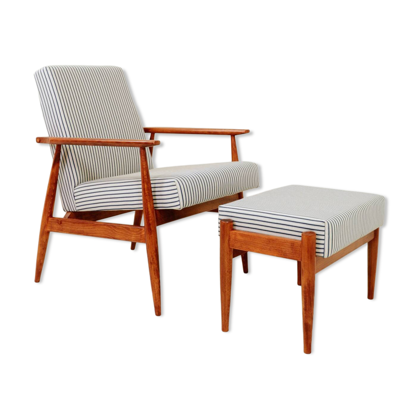 Armchair with striped fabric footrest, 1960