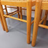 Set of 4 vintage brutalist chairs in light wood and straw from the 70s