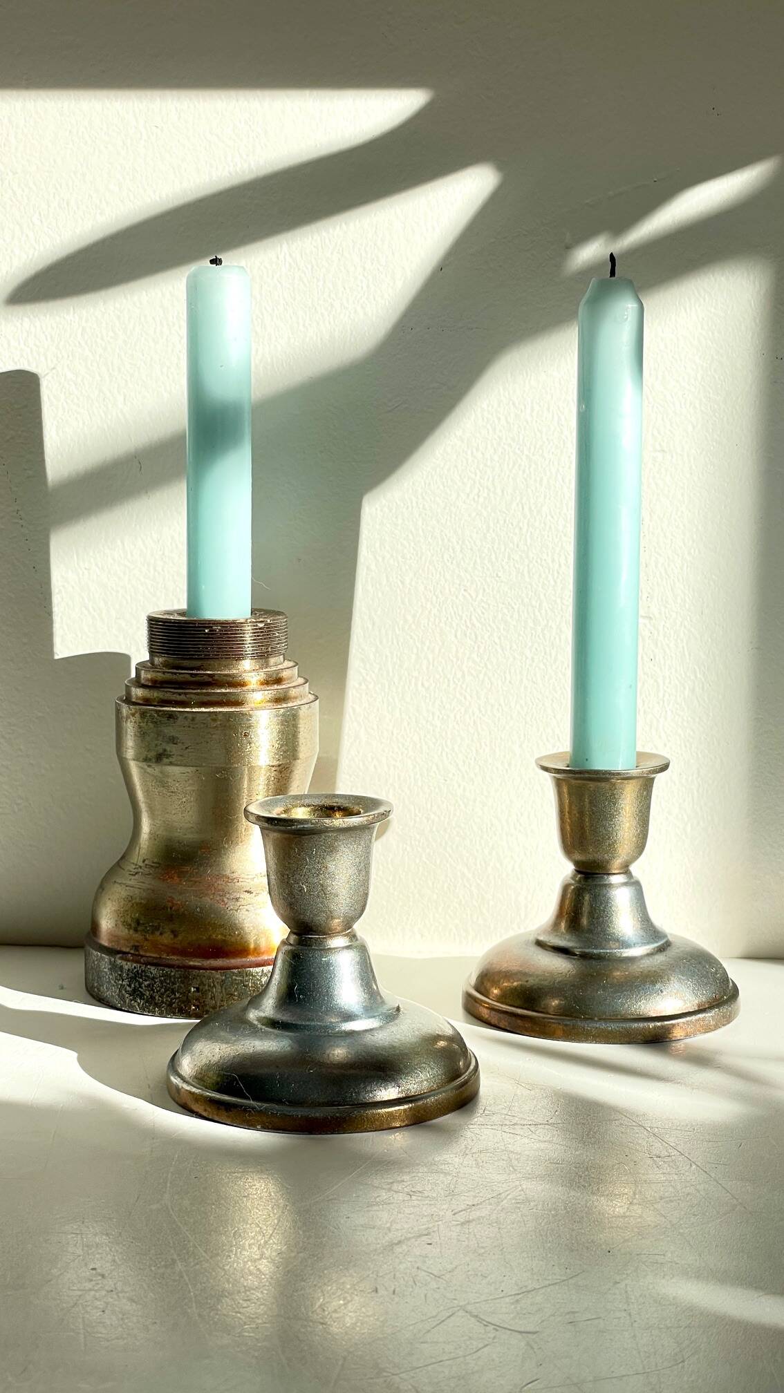 Industrial candle holders steel and silver bronze vintage