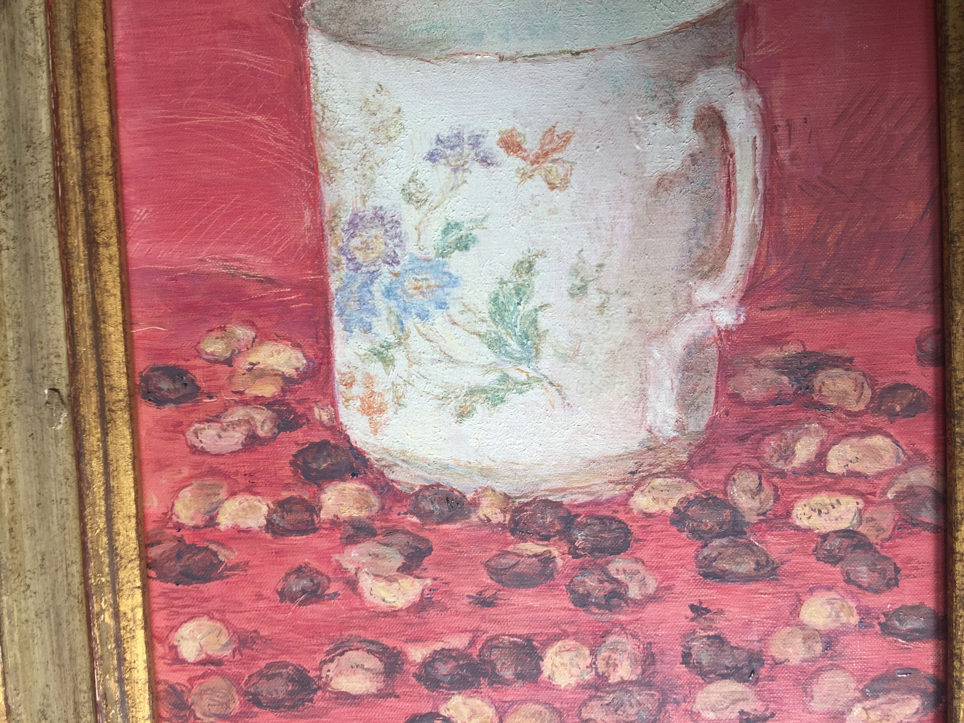Original oil on still life canvas "La Tasse Fond Rose"